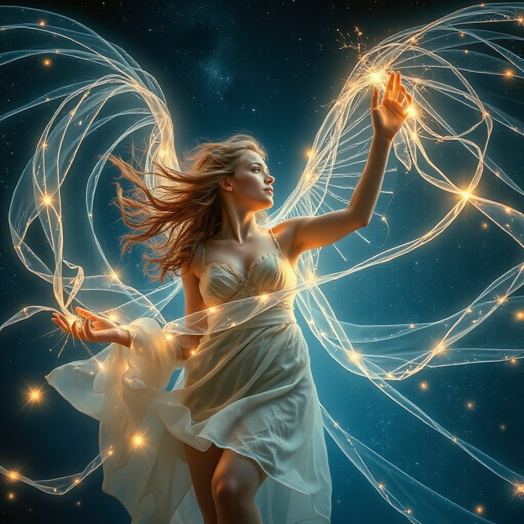 Ethereal Goddess Weaving Cosmic Light Across Night Sky