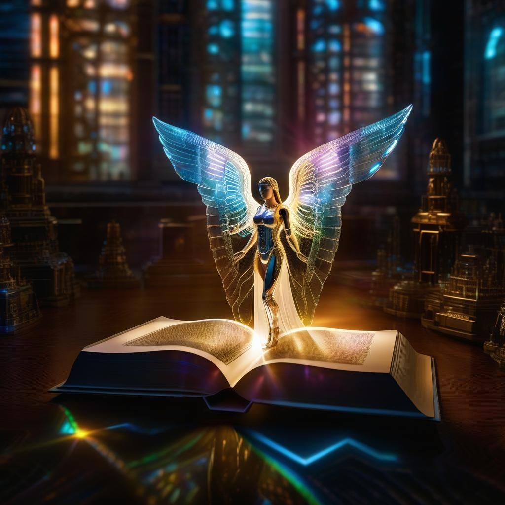 Holographic Cyborg Angel Emerges from Book