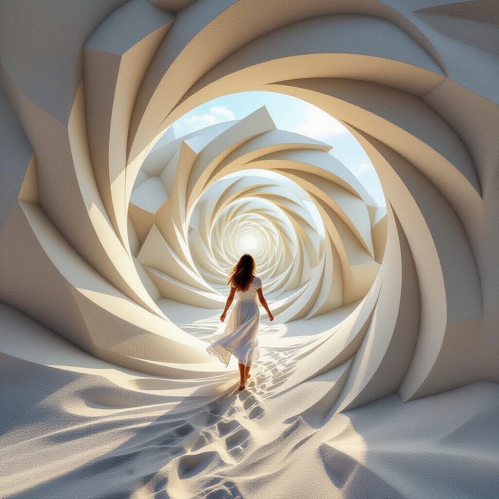 Girl Enters Spiral Tunnel in Abstract Sand Art
