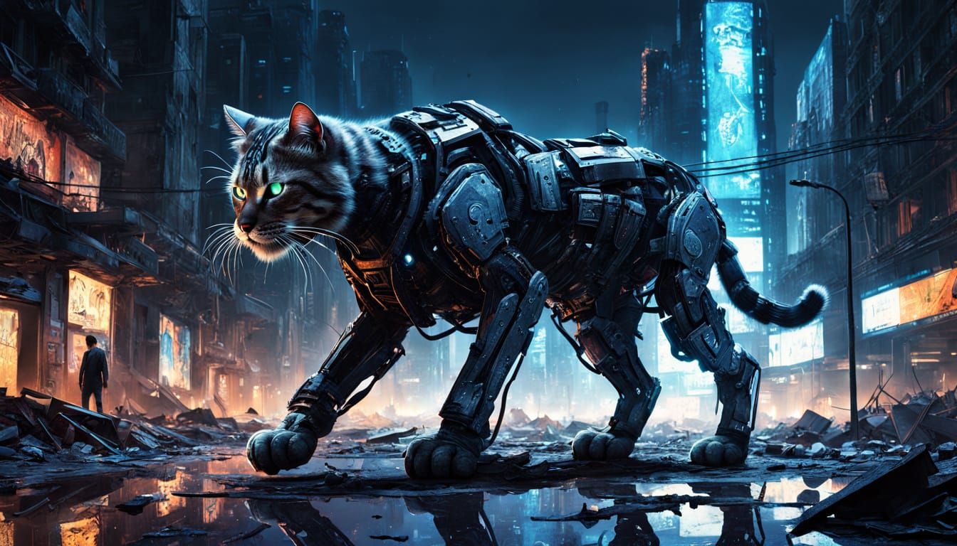 Cyborg and Feline Companion Navigate Wasteland Ruins