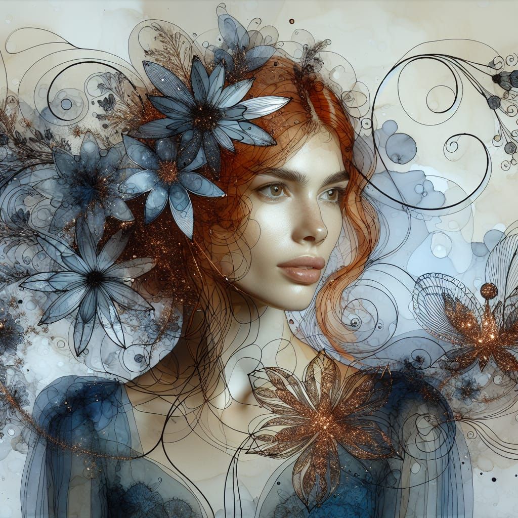 Ethereal Portrait of Redhead Woman in Alcohol Ink Style