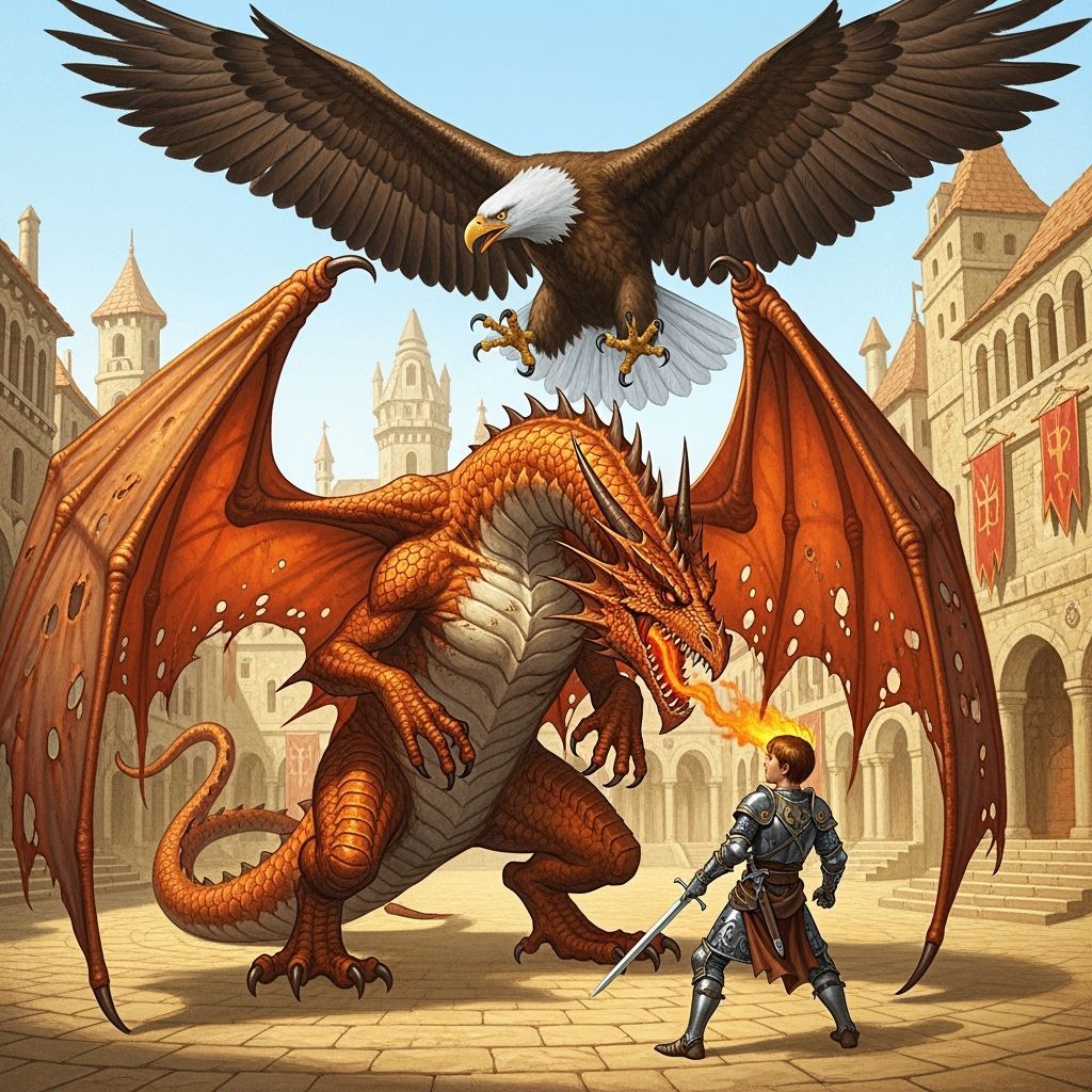 Dragon Crippled in City Square by Eagle, Boy Ready