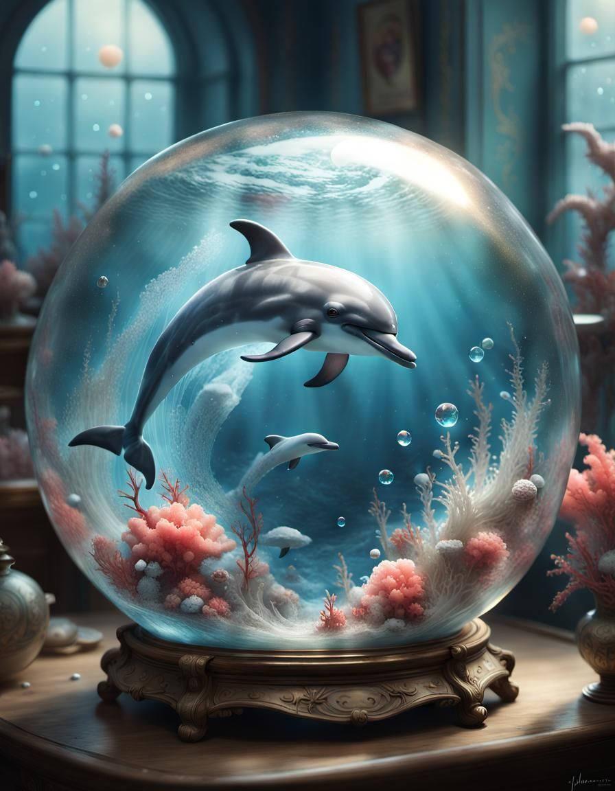 Dolphin Vortex in Crystal Orb: Hyperrealistic Digital Art