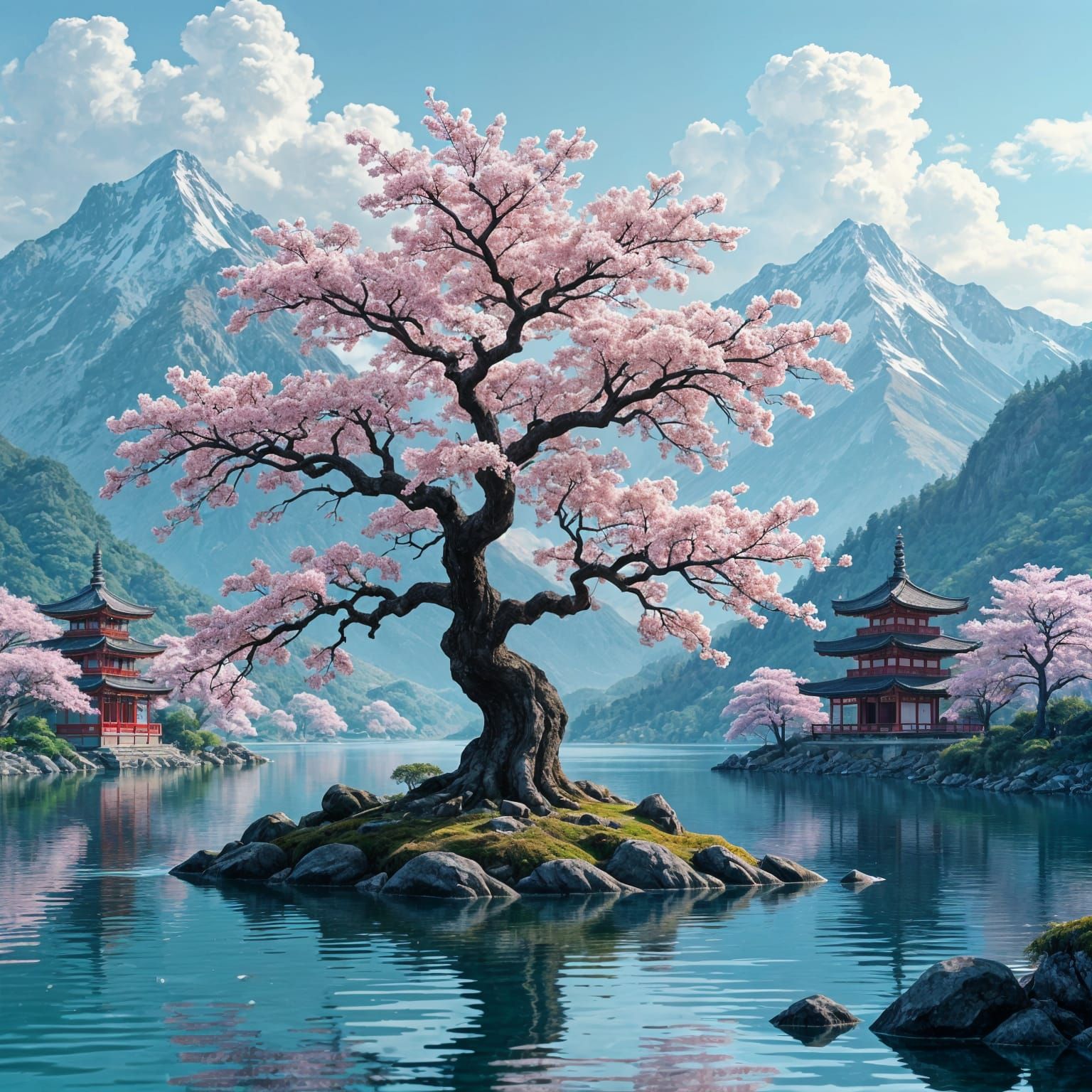 Ancient Sakura Tree by a Lake: Cinematic Gritty Style