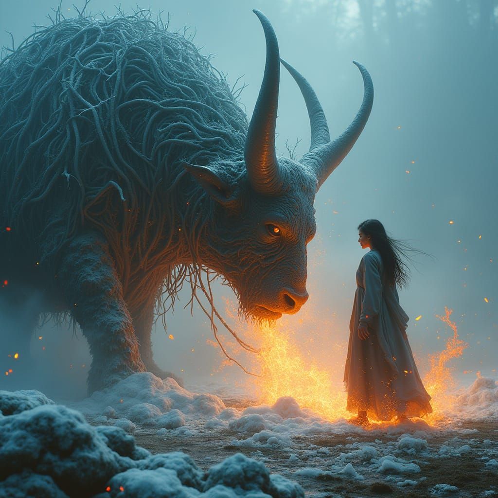 Fiery Bull Ensnared by Ice Vines: Sci-Fi Fantasy