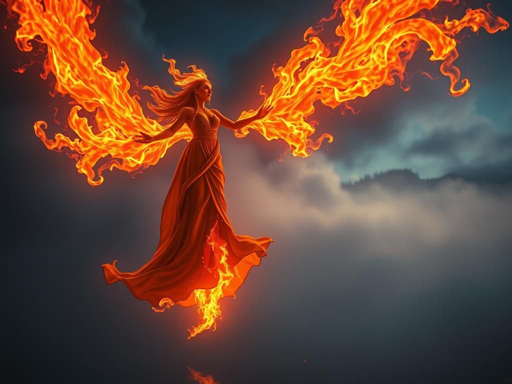 Floating Fire Elemental in Fantasy Landscape