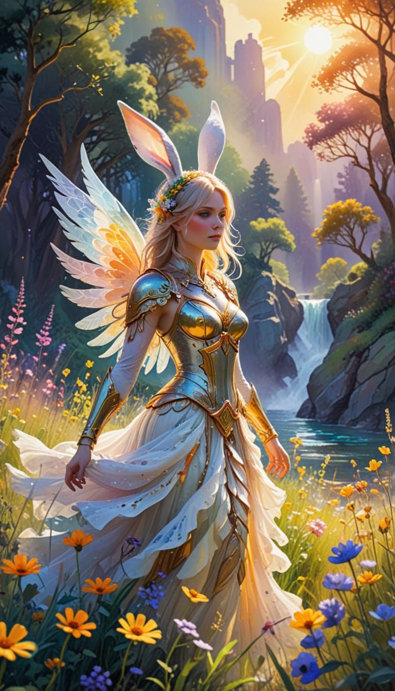Ethereal Fantasy Valkyrie Bunnygirl in Vibrant Meadow