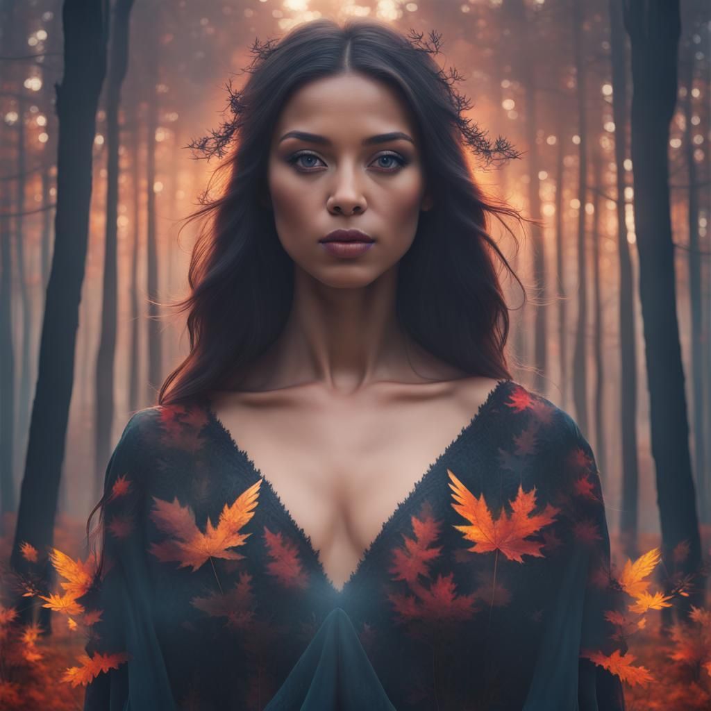 Double Exposure Angel Silhouette in Autumn Forest