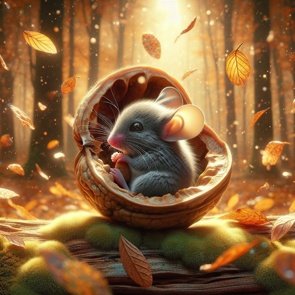 Hyperrealistic Mouse in Autumn Walnut Shell Scene