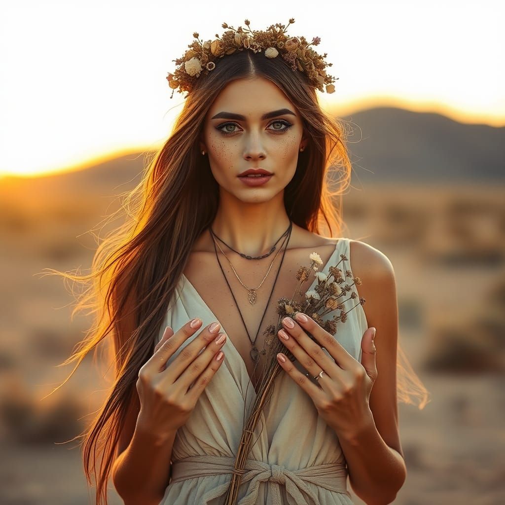 Desert Woman with Wildflowers at Sunset