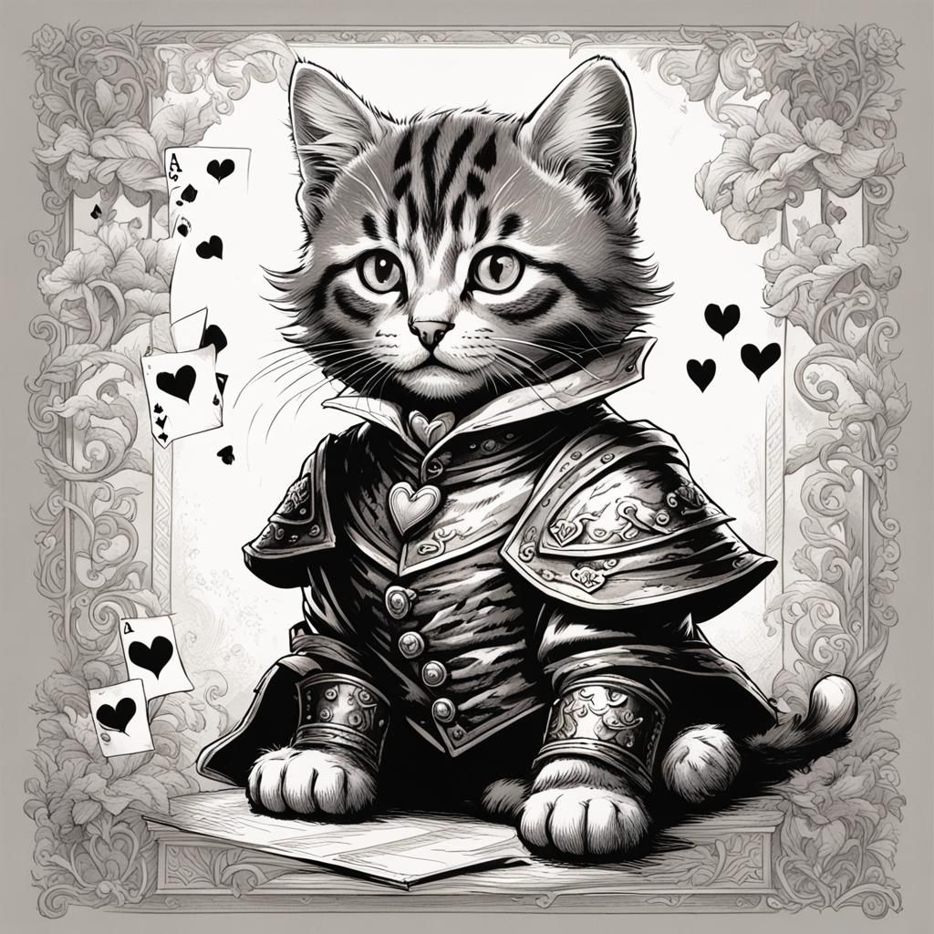 Tabby Kitten as Knave of Hearts in Tenniel Style