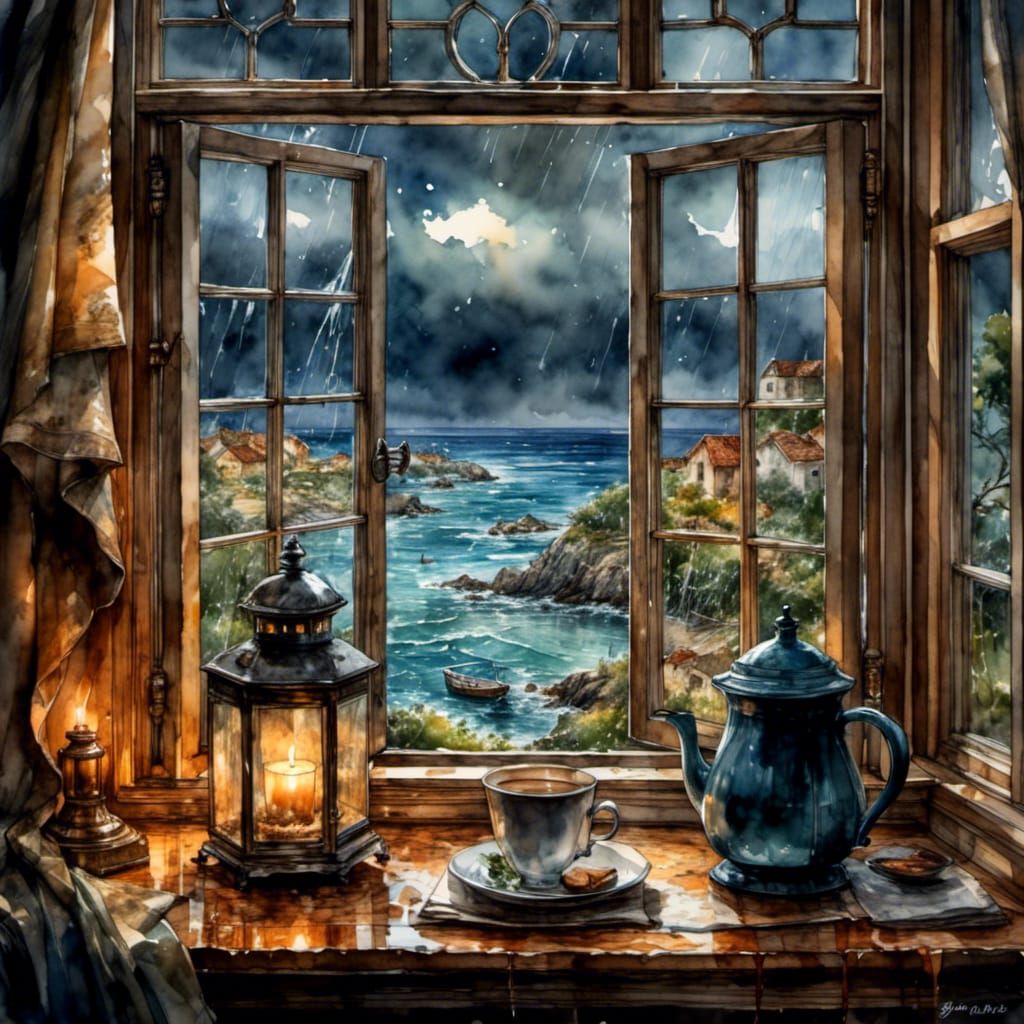 Rainy Morning Seascape Through Window in Alcohol Inks