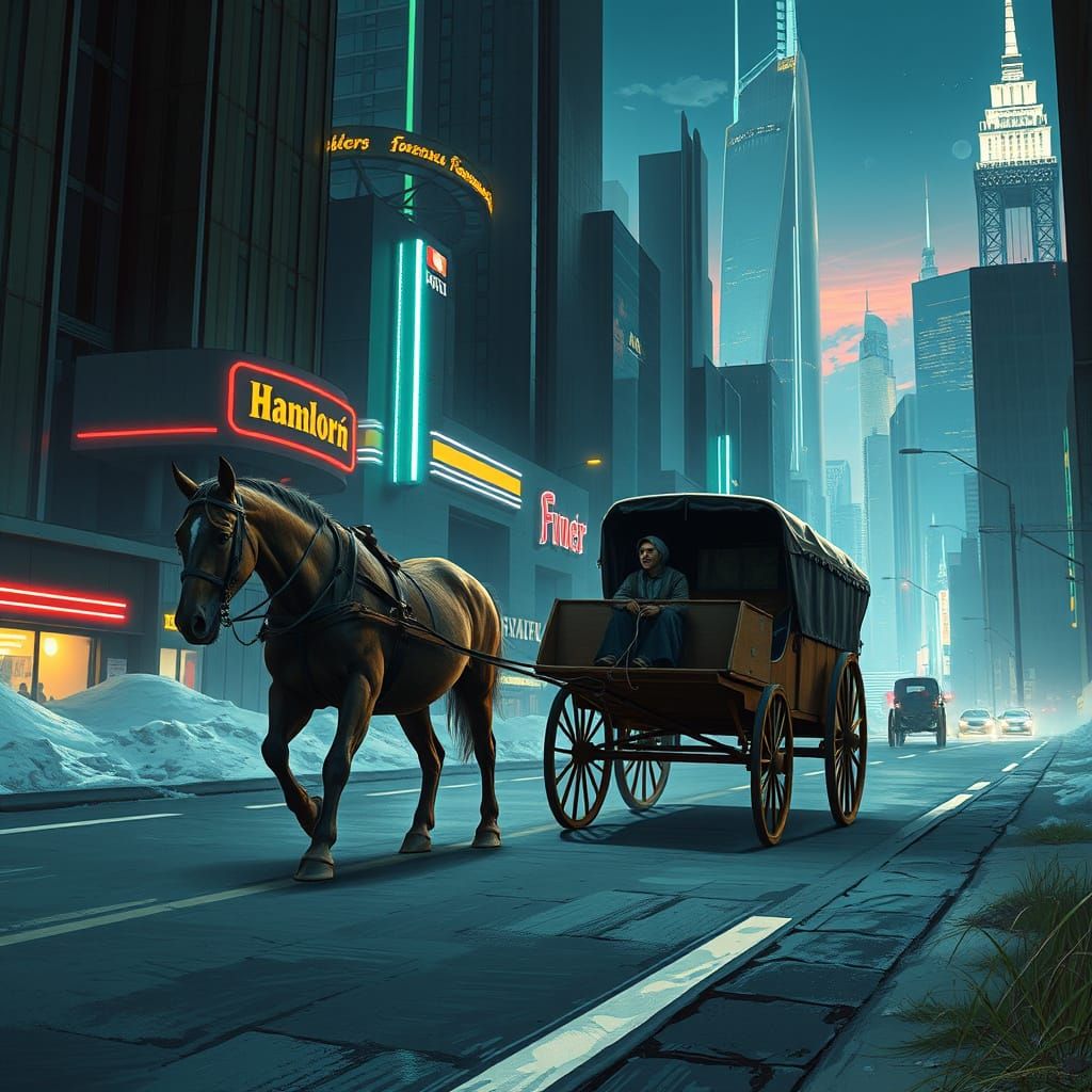 Amish Carriage Navigating a Dystopian Future