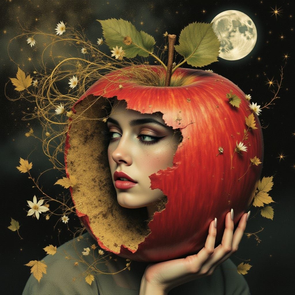 Feminine Figure Emerges From Crimson Apple in Art Nouveau St...