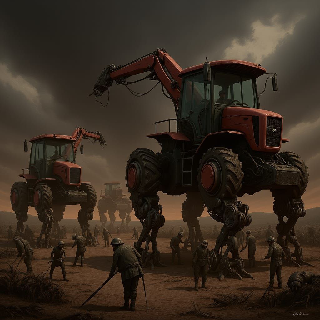 A dystopian robotic death farm where robot overlords that look like living tractors and combines oversee humans laboring...