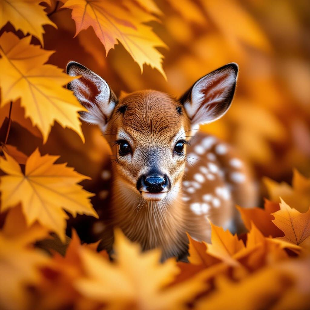 Cute Shy Fawn Peeking From Autumn Leaves