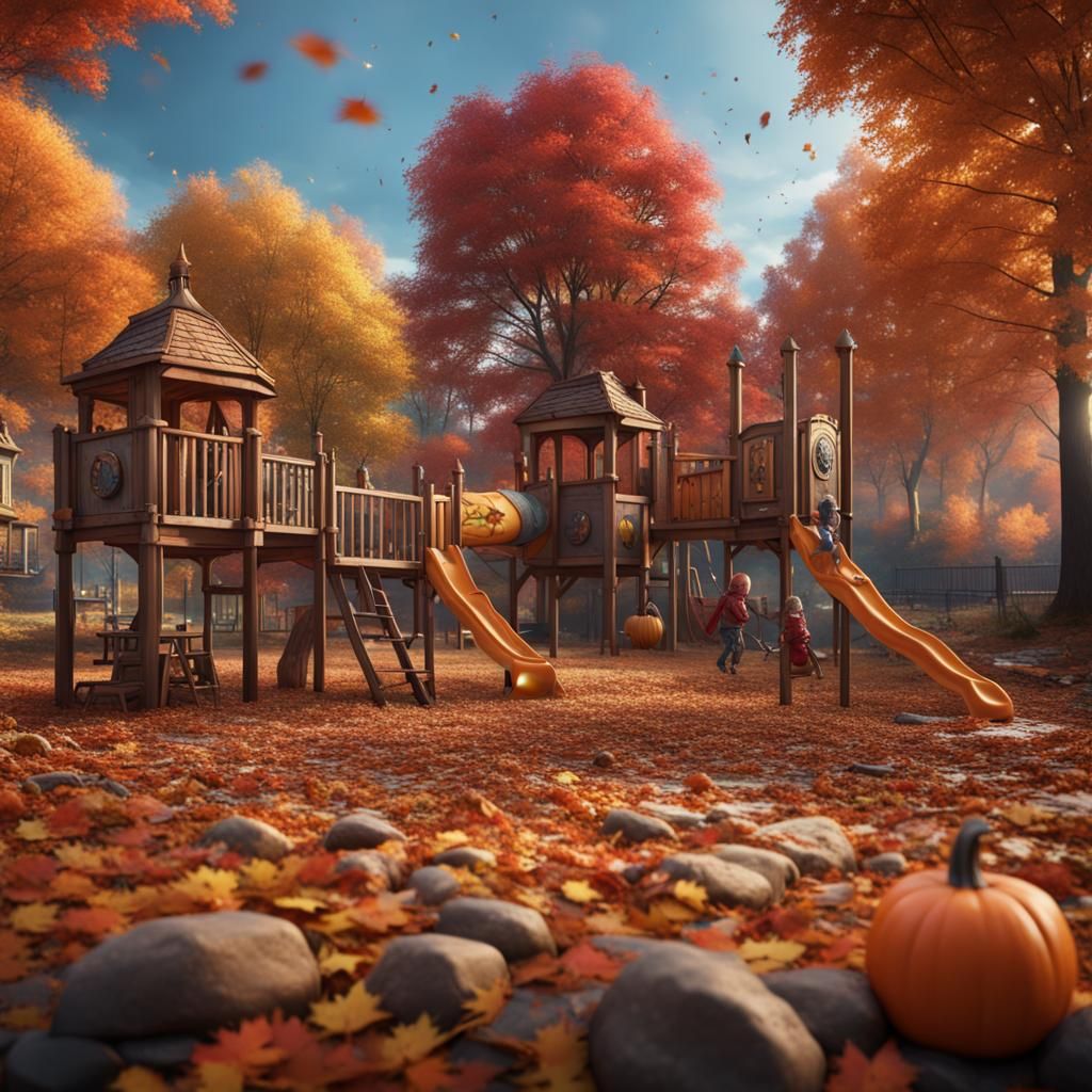 Children Playing in Autumn Playground, Digital Art