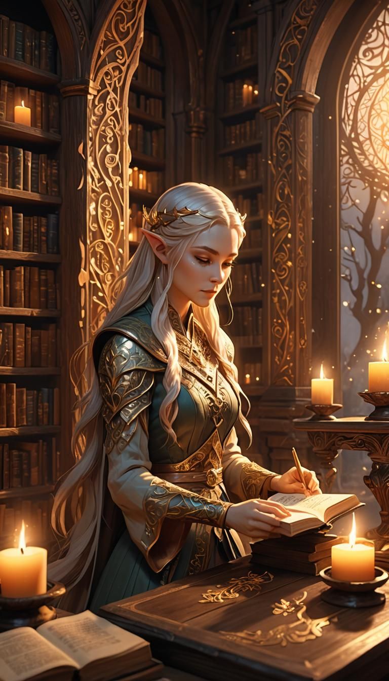 Elven Woman Reading in Elegant Home Library