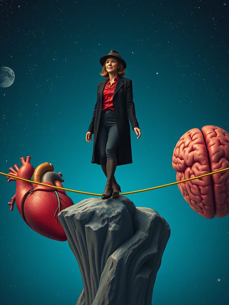 Surreal Tightrope Walker Between Heart and Brain