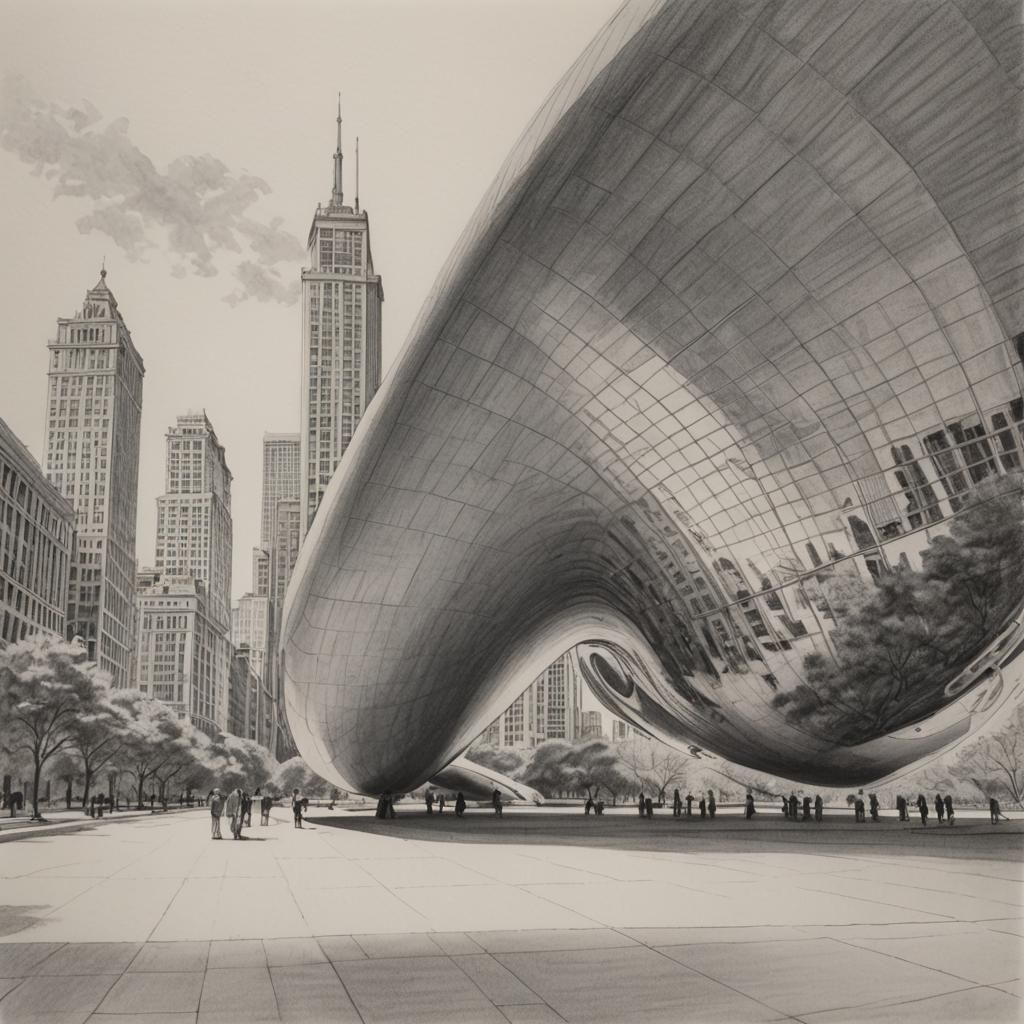 Cloud Gate Sculpture in Pencil Sketch Style