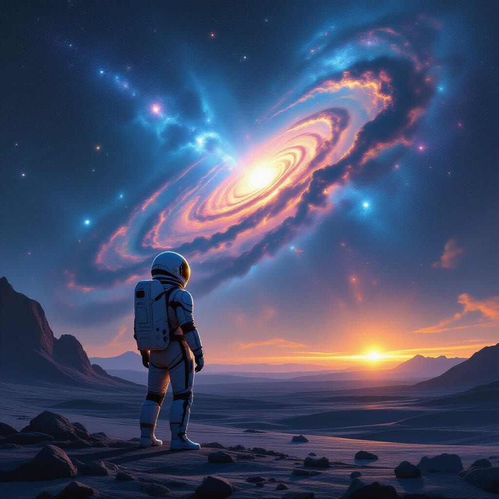 Astronaut Gazing at Nebula on Alien Planet
