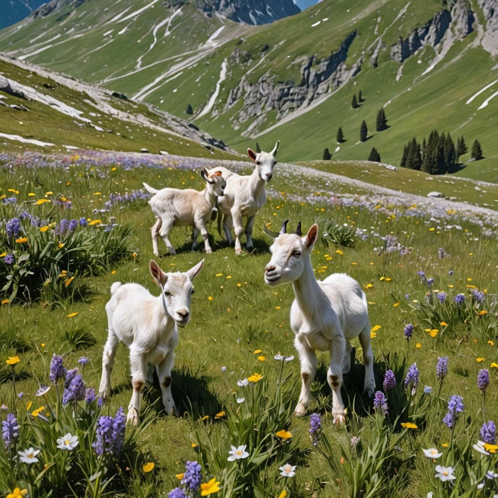 Goat Kids Gamboling in Alpine Meadow