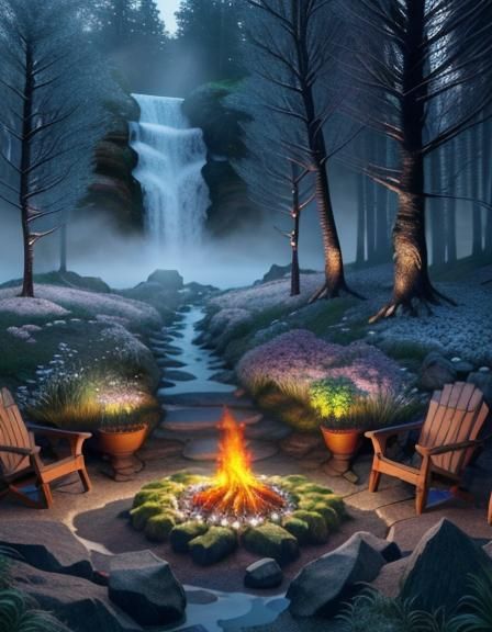 Campfire by a waterfall