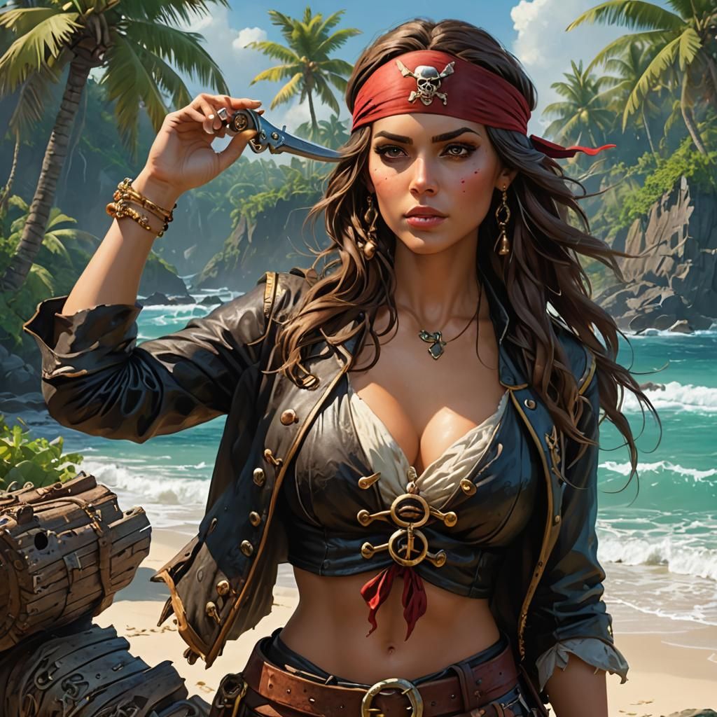 beautiful female pirate shipwrecked on a deserted island
