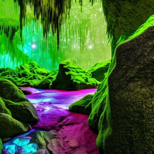 Rocky cave with bright green moss most but not all of the rocks and a blue lake inside and large clear crystal stalacti...