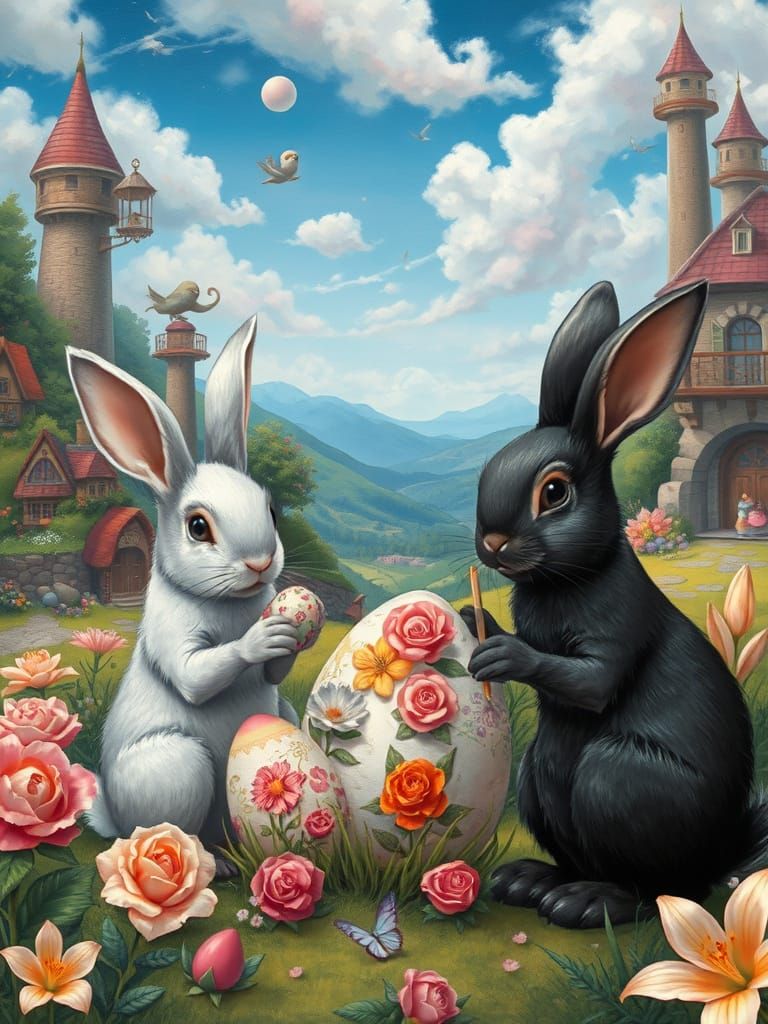 Whimsical Easter Landscape with Bunny Friends