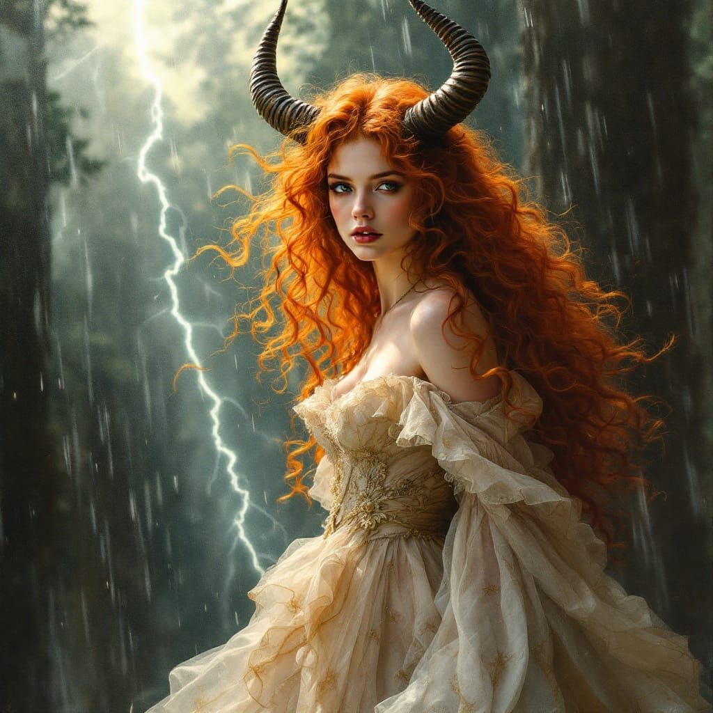 Majestic Red Horned Goddess in Pre-Raphaelite Style