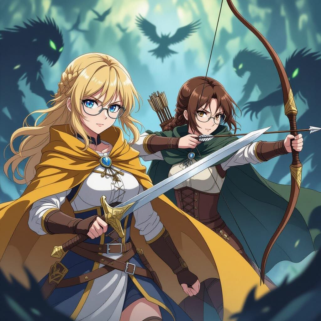 Anime Heroines Battle Shadow Beasts in Epic Fantasy Scene