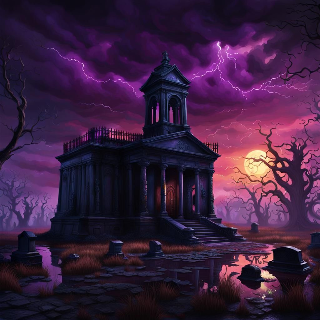 Eerie Graveyard Sunset Painting in Dark Fantasy Style
