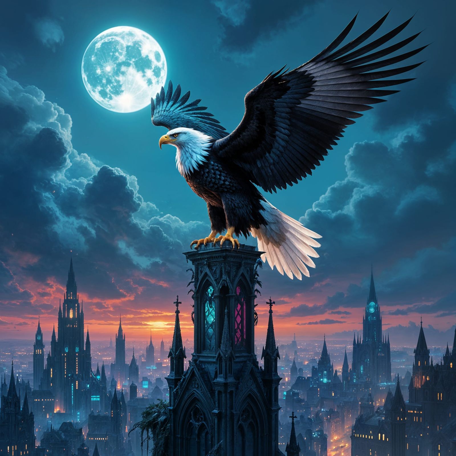 Obsidian Eagle on Gothic Spire, Bioluminescent City