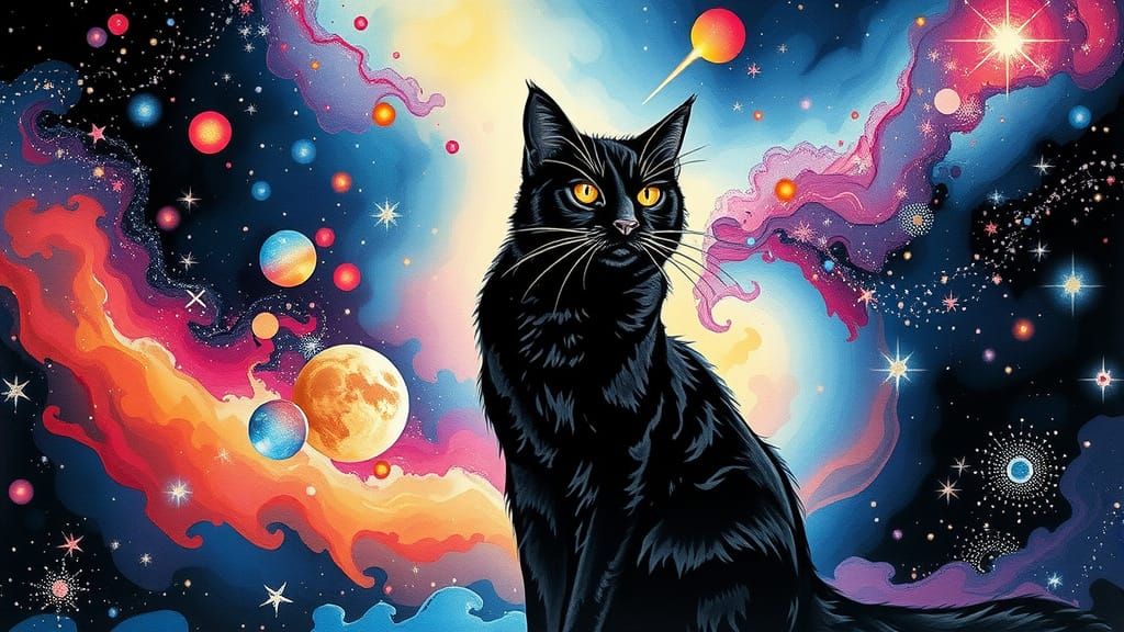 Elegant Black Cat Amidst Cosmic Stars