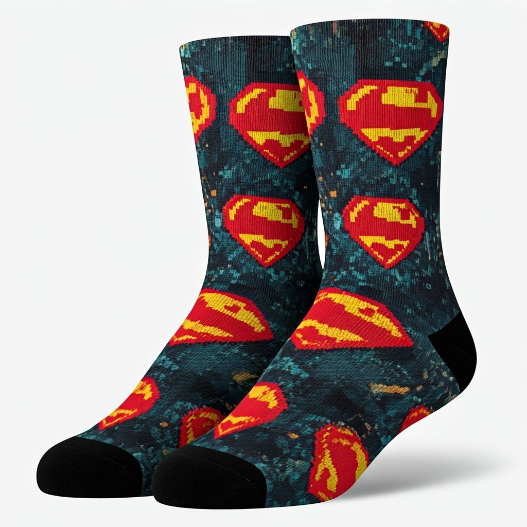 Pixelated Superhero Emblem Sock Design in Comic Art Style