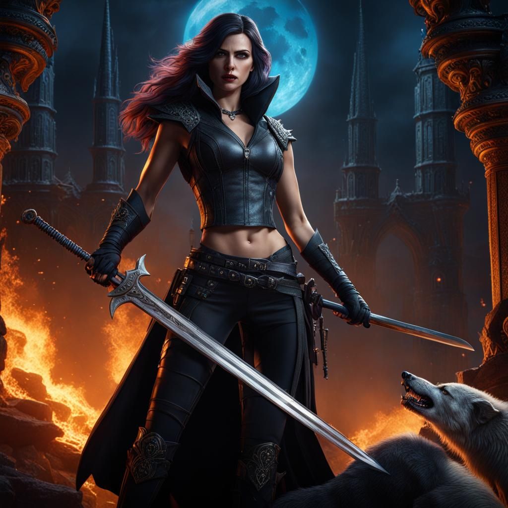 Selene Underworld, wielding sword, against werewolves