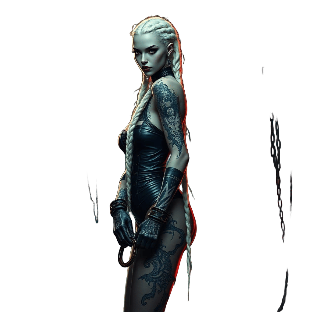 Pale Vampire Woman in Tribal Tattoos and Leather Outfit