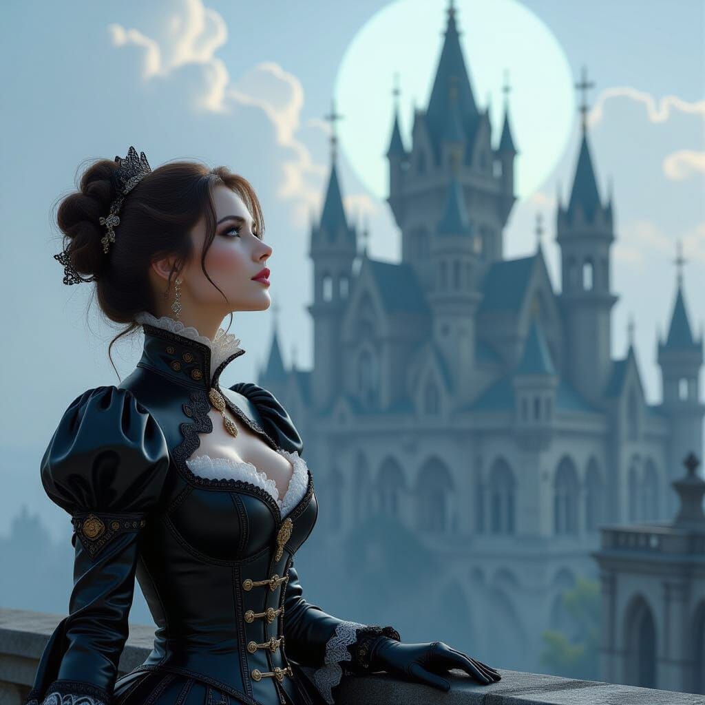 Victorian Woman Gazing at Gothic Castle