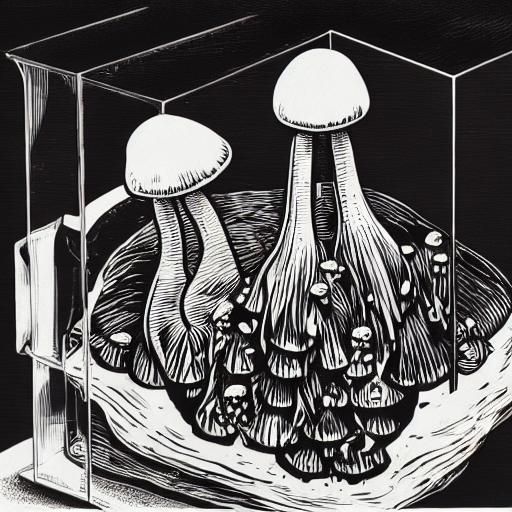 Fly Agaric Mushrooms in Glass Case: Linocut Style