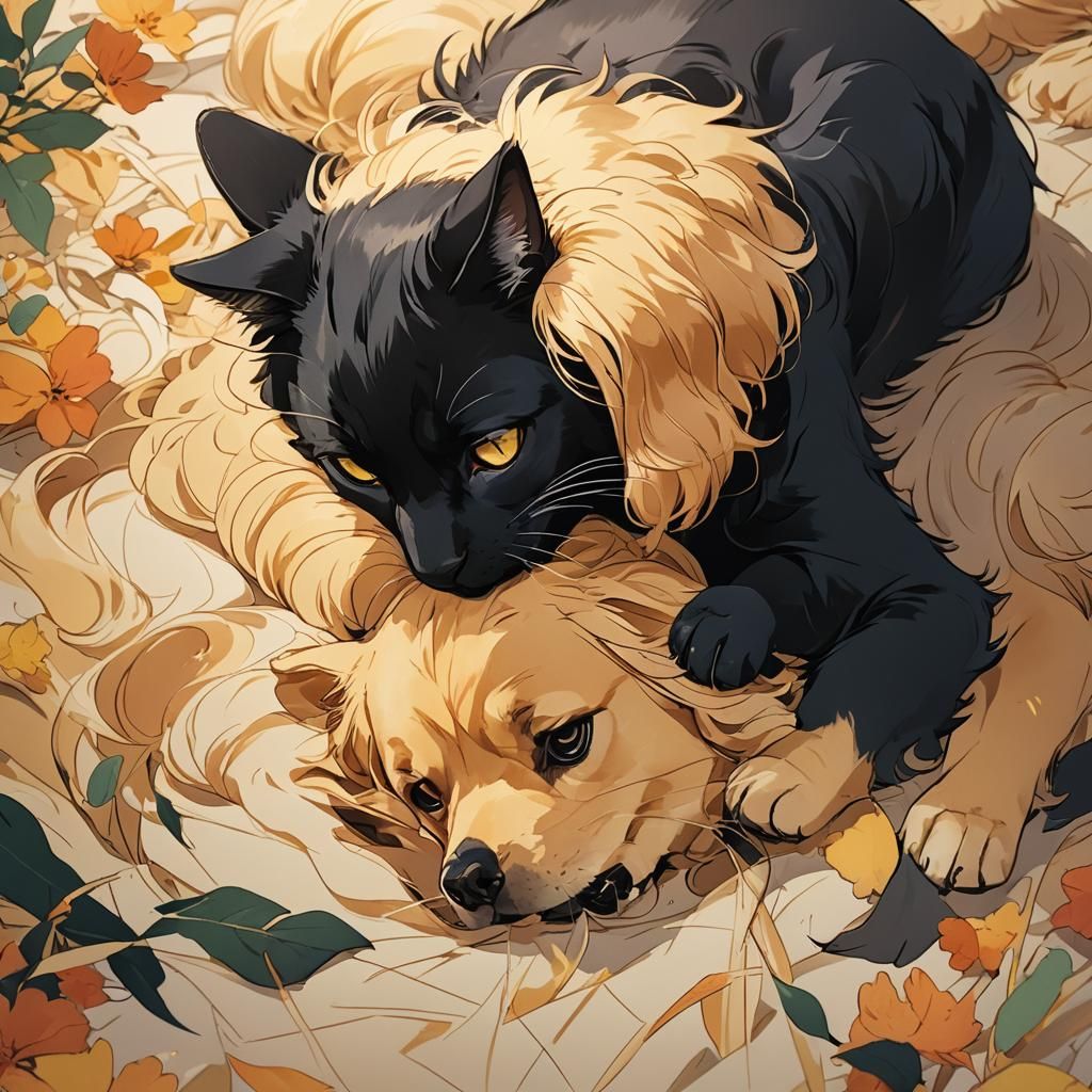 Black Cat and Golden Retriever in Anime Style