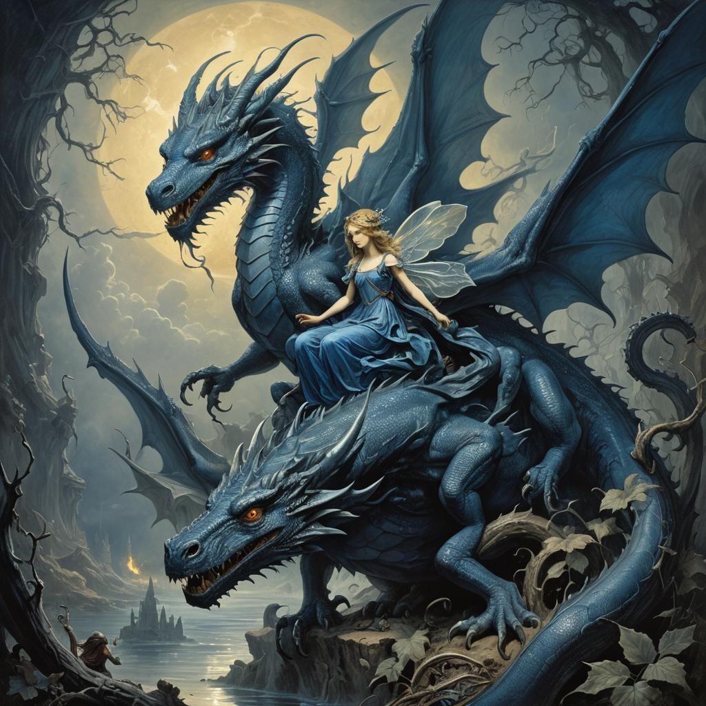 Blue Fairy and Dragon in Dark Fantasy Style