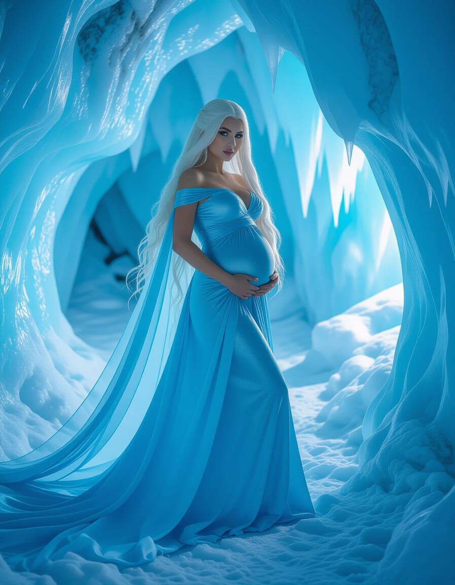 Pregnant Ice Goddess in Luminous Ice Cave