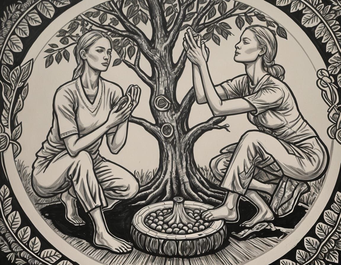 Minimalist Devotion Scene with Jackfruit Tree