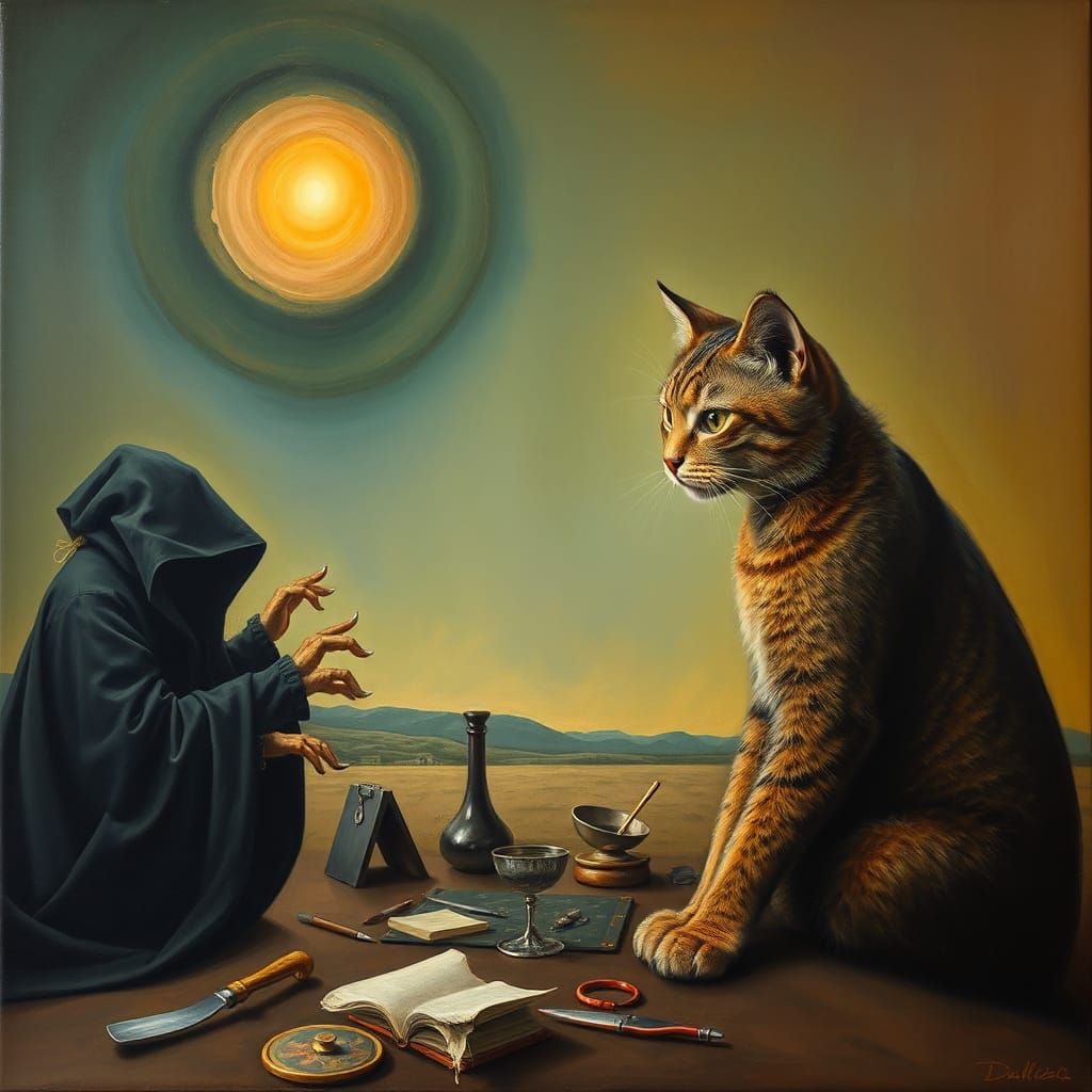 Surreal Cat Unsheathes Claws: Dali-esque Oil Painting