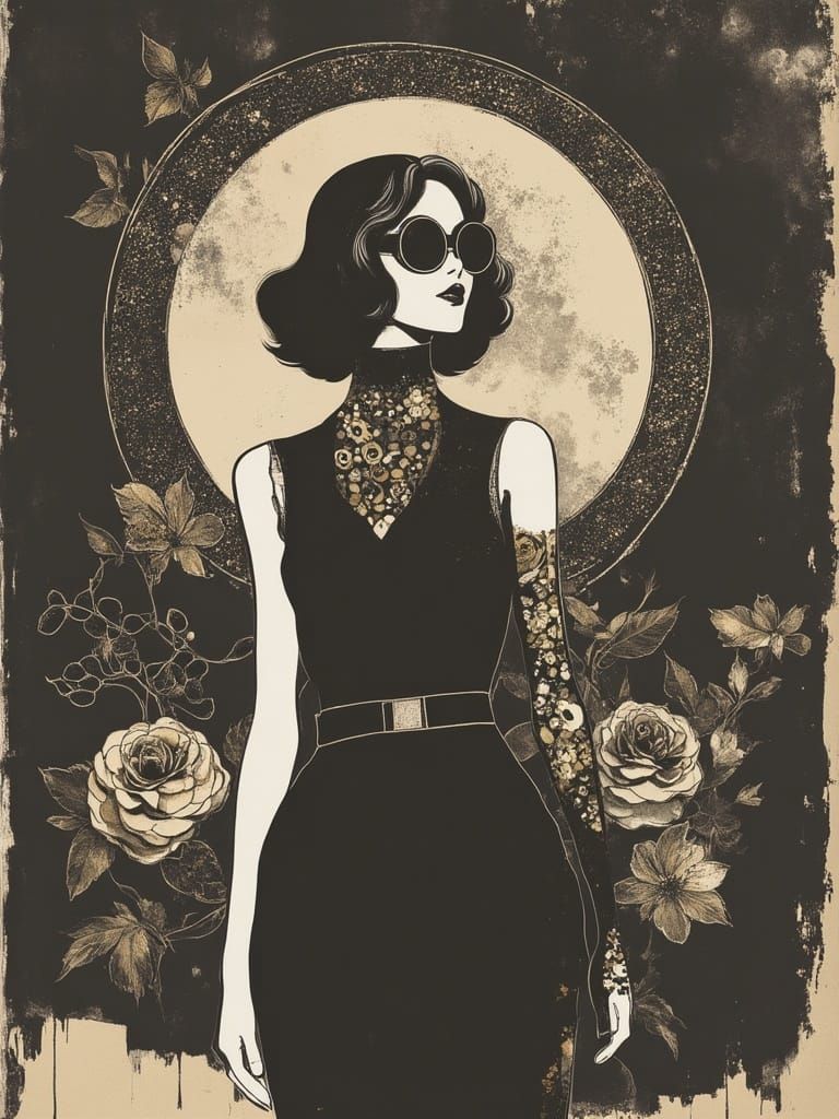 Surreal Art Deco Goddess in a Golden Floral Garden