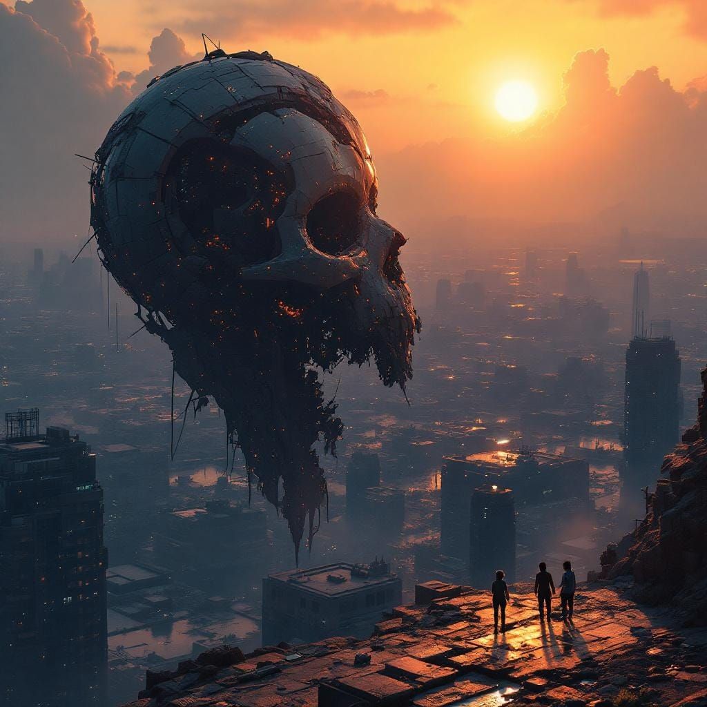 Shattered Robots Over Cyberpunk Cityscape