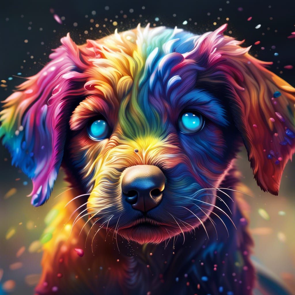 Hyperrealistic Rainbow Puppy Splash Art Portrait