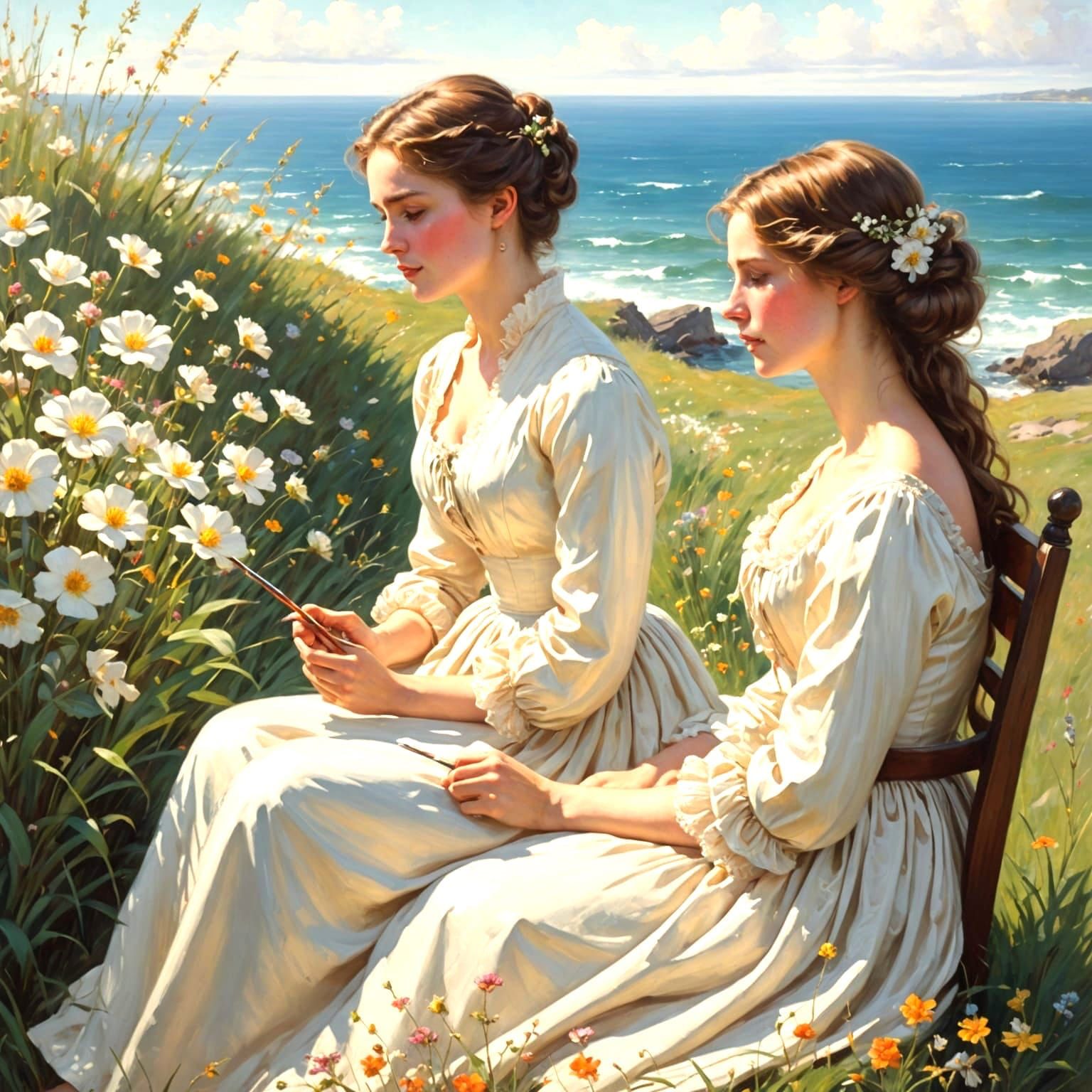 Regency Woman Painting Seascape by the Sea