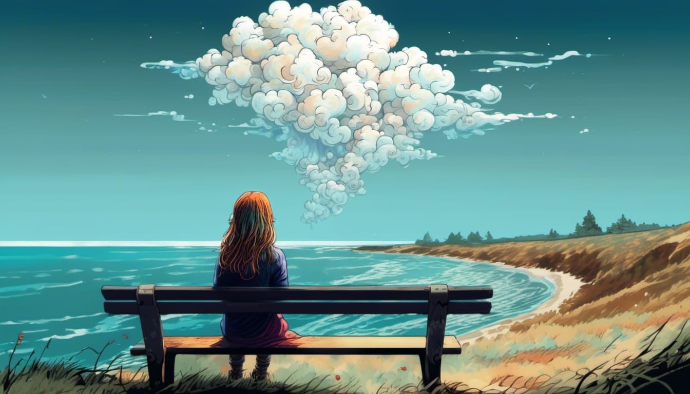 Girl on Cliffside Bench Under Watchful Cloud in Watercolour